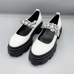 NEW Steve Madden White Leather Metallic Chunky Mary Jane Style Loafers